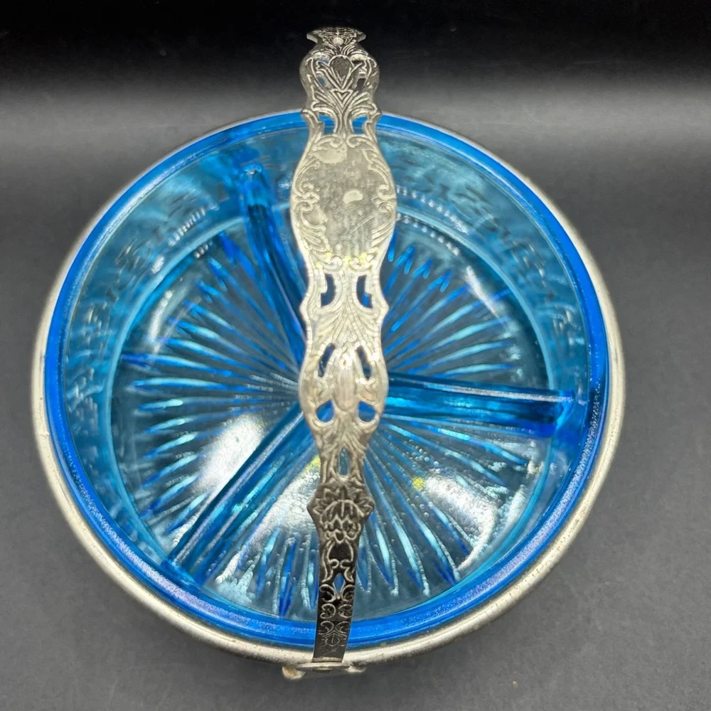 Vintage Mid Century Blue Glass Divided Dish in Silver Tone Metal Handled Basket